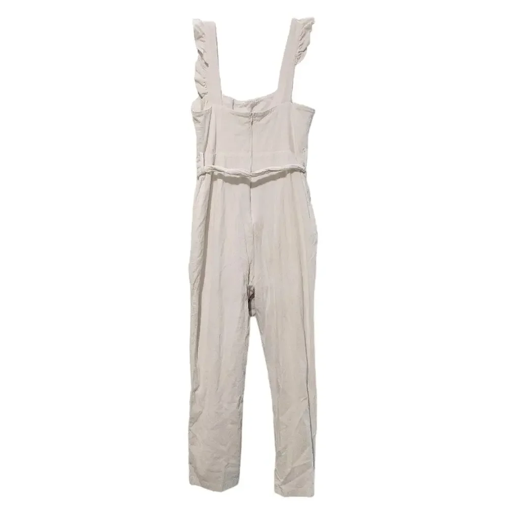 Saint + Secrets Linen Ruffle Apron Front Jumpsuit Tie Waist Soft White Womens L